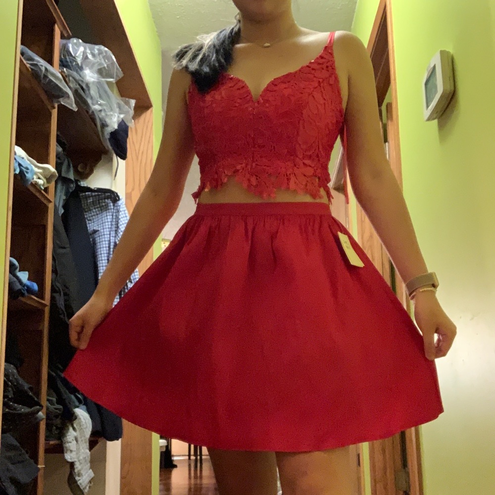 Two piece red lace and satin skirt dress